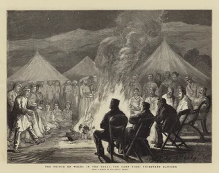 Le prince de Galles dans le Terai, le feu de camp, les Tibétains dansant